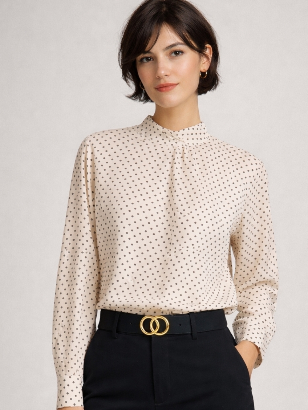 Rena Rowan| Vintage Cream Polka Dot High-Neck Blouse